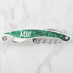 Emerald green faux glitter sparkles Monogram Corkscrew