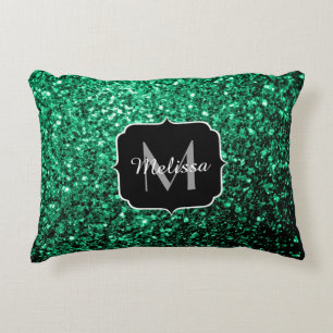 Emerald Green faux glitter sparkles Monogram Decorative Cushion