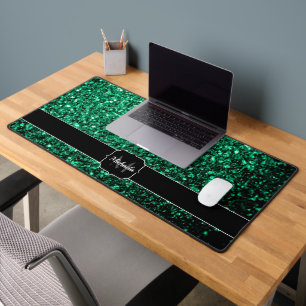 Emerald green faux glitter sparkles Monogram Desk Mat