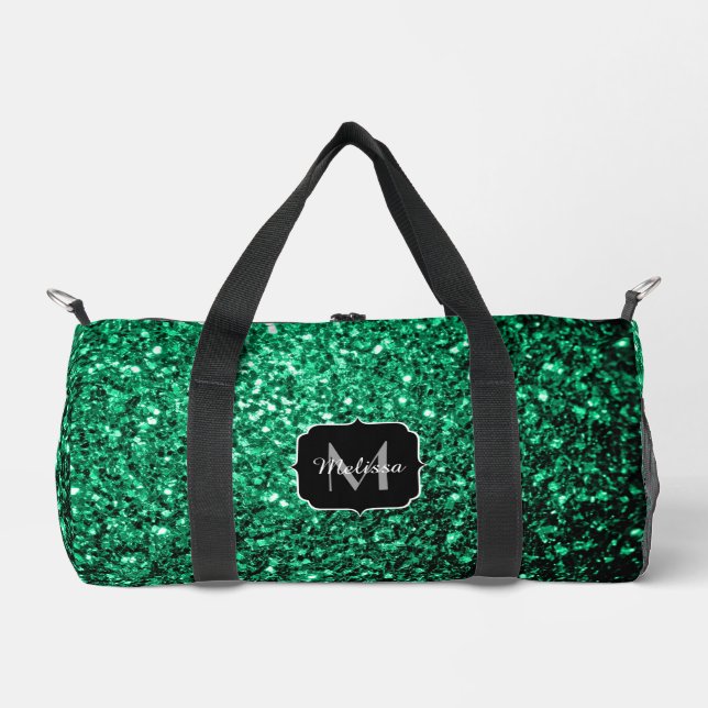 Emerald green faux glitter sparkles Monogram Duffle Bag (Front)