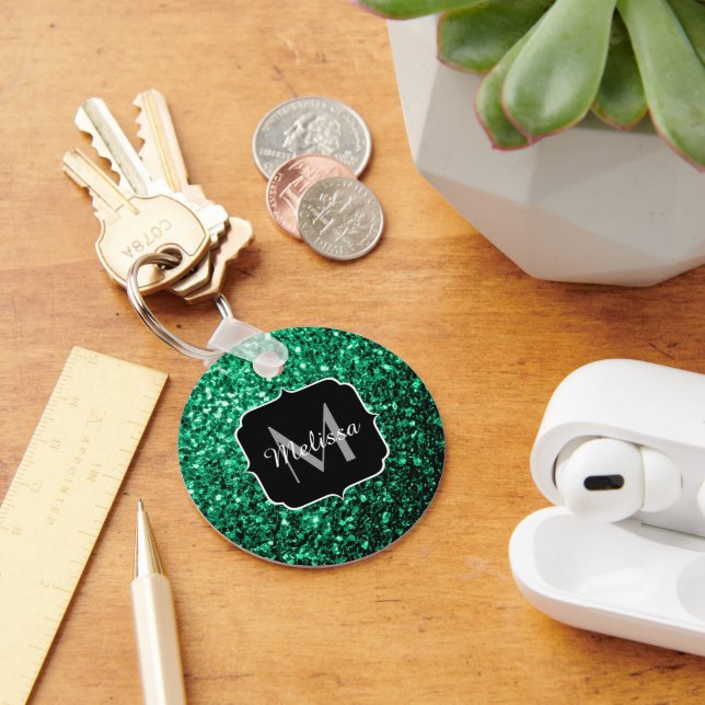 Emerald Green faux glitter sparkles Monogram Key Ring (Desk)
