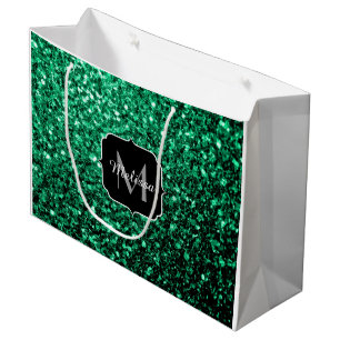 Emerald Green faux glitter sparkles Monogram Large Gift Bag