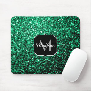 Emerald Green faux glitter sparkles Monogram Mouse Pad