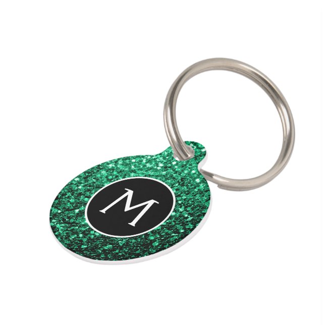Emerald Green faux glitter sparkles Monogram Pet Tag (Side)