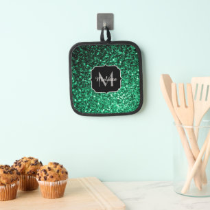 Emerald green faux glitter sparkles Monogram Pot Holder