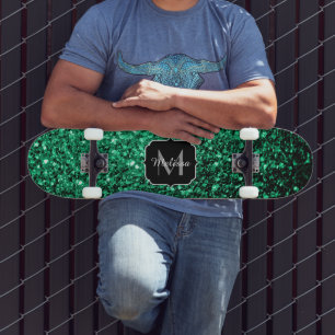 Emerald Green faux glitter sparkles Monogram Skateboard