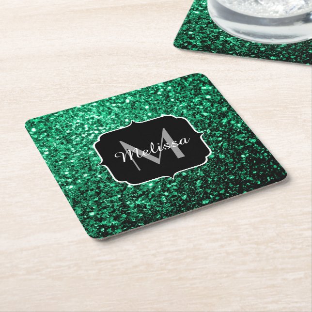 Emerald Green faux glitter sparkles Monogram Square Paper Coaster (Angled)