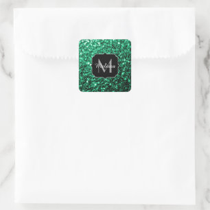 Emerald Green faux glitter sparkles Monogram Square Sticker