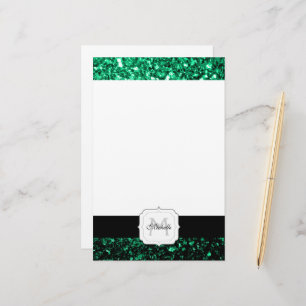 Emerald Green faux glitter sparkles Monogram Stationery