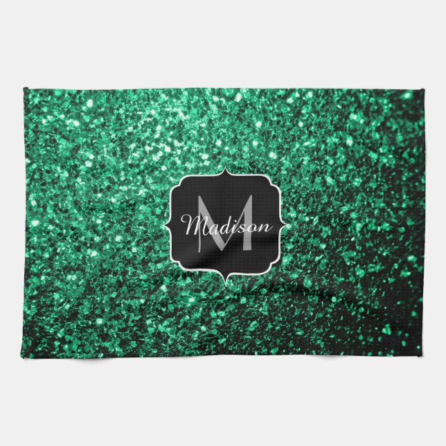 Emerald Green faux glitter sparkles Monogram Tea Towel (Horizontal)