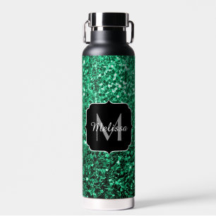 Emerald Green faux glitter sparkles Monogram Water Bottle