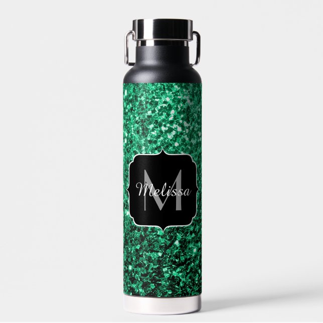 Emerald Green faux glitter sparkles Monogram Water Bottle (Front)