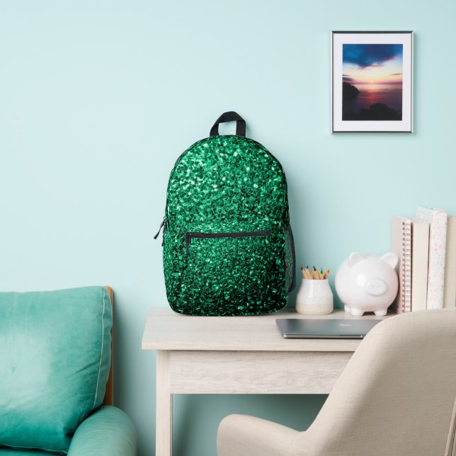 Emerald green faux glitter sparkles printed backpack (Insitu)