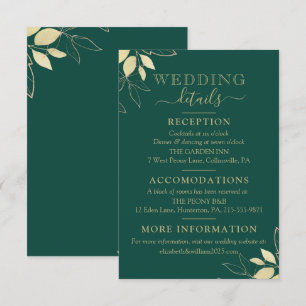 Emerald Green & Faux Gold Foliage Modern Wedding Enclosure Card