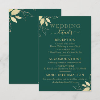 Emerald Green & Faux Gold Foliage Modern Wedding Enclosure Card