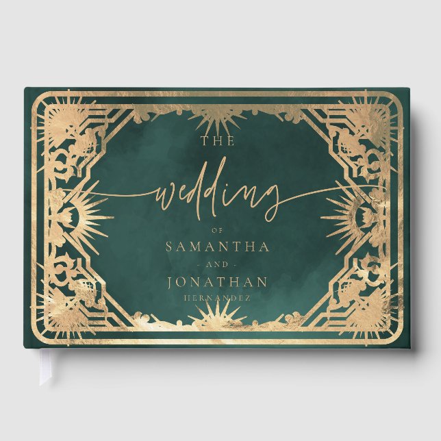 Emerald Green & Faux Gold Tarot Celestial Wedding Guest Book (Front)