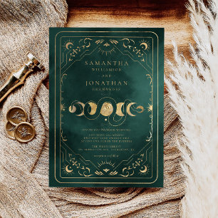 Emerald Green & Faux Gold Tarot Celestial Wedding Invitation