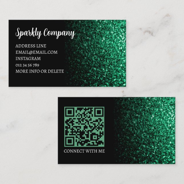 Emerald green faux sparkle black elegant QR code Business Card (Front/Back)
