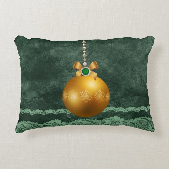 Emerald Green FauxLace Border Gold JeweledOrnament Decorative Cushion (Front)