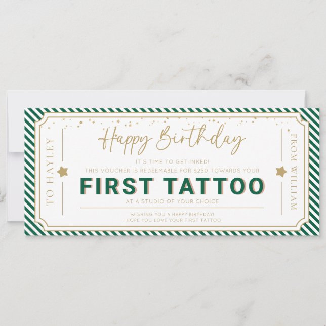 Emerald Green First Tattoo Birthday Gift Voucher Invitation (Front)