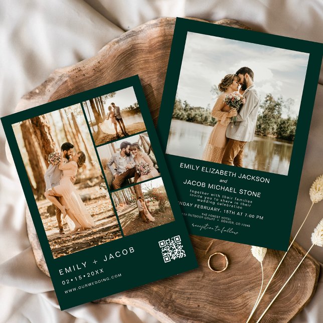 Emerald Green Five 5 Photo QR code Wedding Invitation (Creator Uploaded)