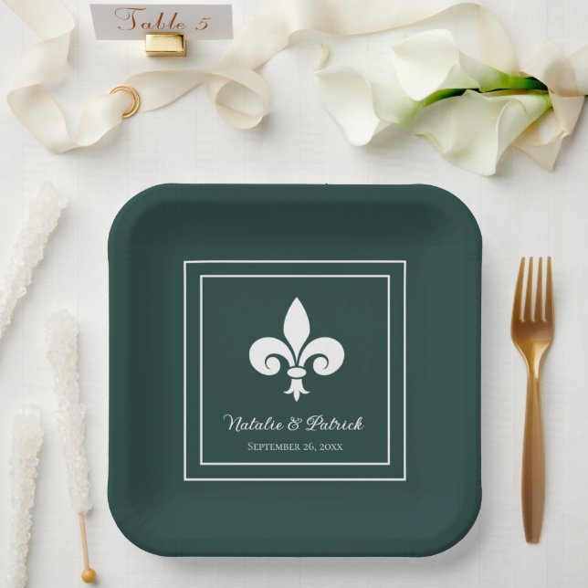 Emerald Green Fleur de Lis Wedding Paper Plates (Wedding)