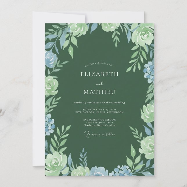 Emerald Green Floral Accent Wedding Invitation (Front)