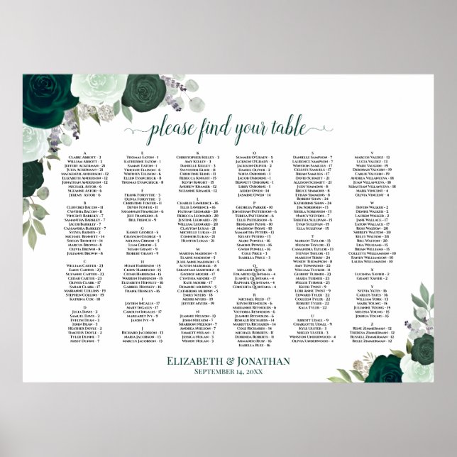 Emerald Green Floral Alphabetical Seating Chart (Front)