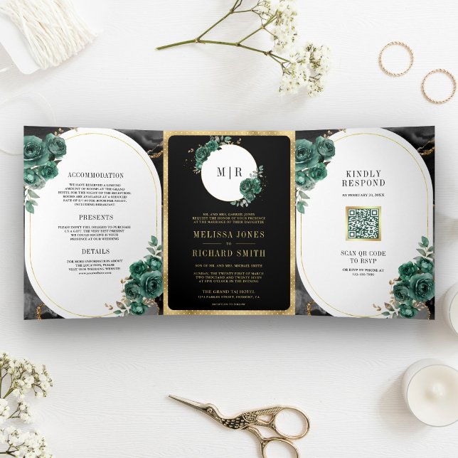 Emerald Green Floral Black Marble QR Code Wedding Tri-Fold Invitation (Creator Uploaded)
