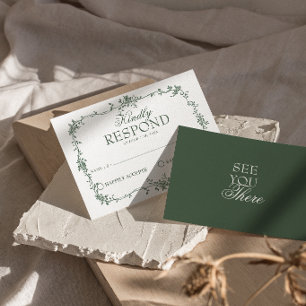 Emerald Green Floral Boho Old Money Wedding RSVP C Card