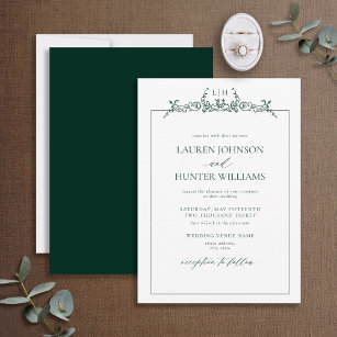 Emerald Green Floral Border Monogram Wedding Invitation