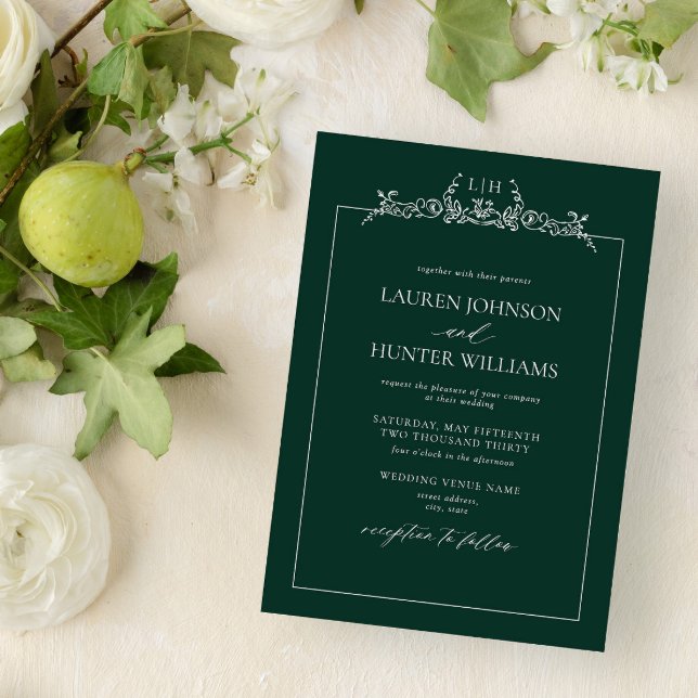 Emerald Green Floral Border Monogram Wedding Invitation (Creator Uploaded)