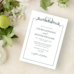 Emerald Green Floral Border Monogram Wedding Invitation