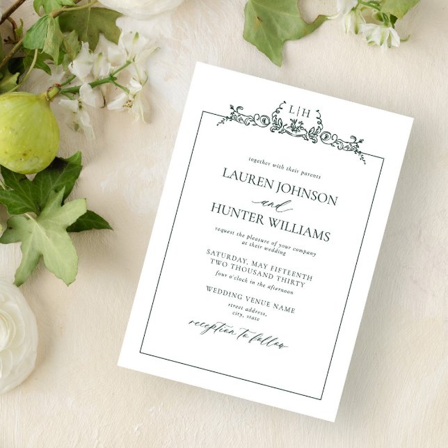 Emerald Green Floral Border Monogram Wedding Invitation (Creator Uploaded)
