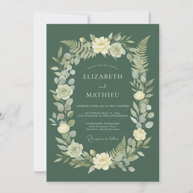 Emerald Green Floral Botanical Wedding Invitation (Front)