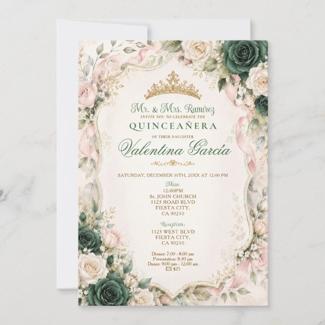 Emerald Green Floral Bow Quinceañera Invitation (Front)