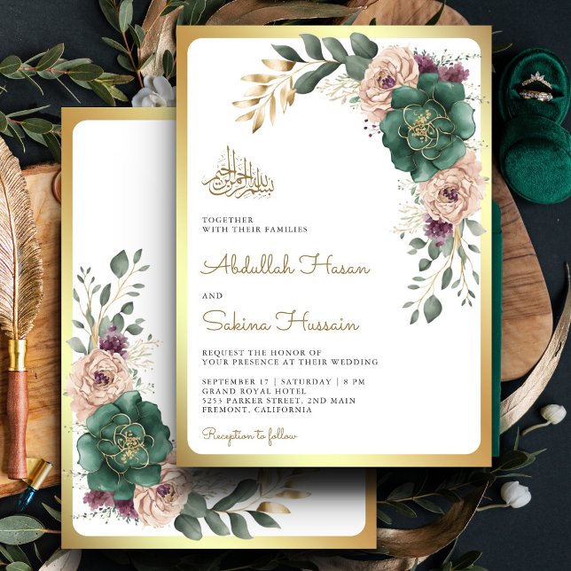 Emerald Green Floral Branch QR Code Muslim Wedding Invitation (Creator Uploaded)
