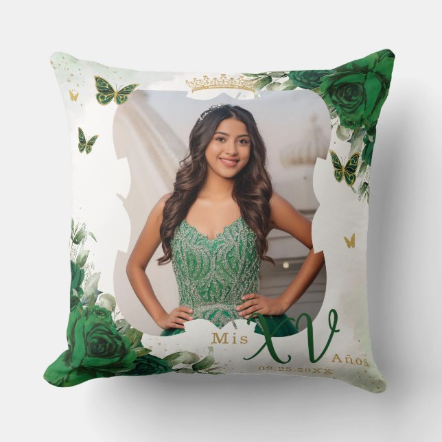 Emerald Green Floral Butterflies Photo Quinceañera Cushion (Front)