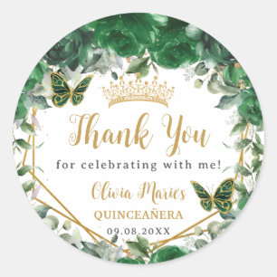 Emerald Green Floral Butterflies Quinceañera Favor Classic Round Sticker