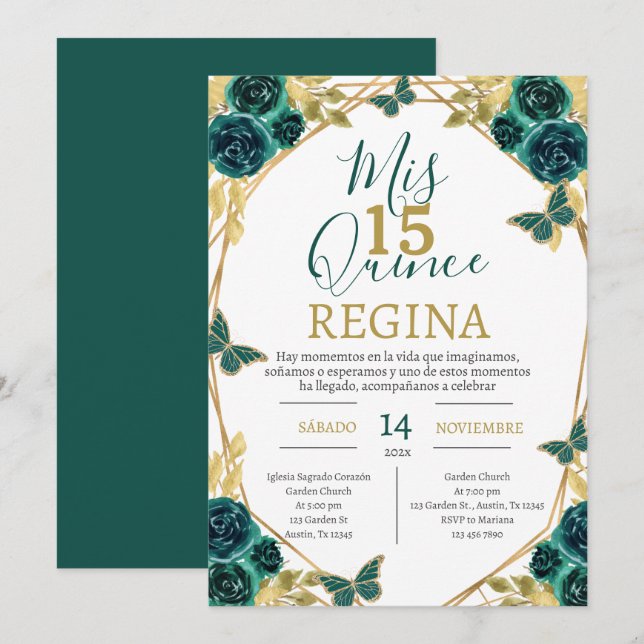 Emerald Green Floral Butterflies Quinceañera Invitation (Front/Back)
