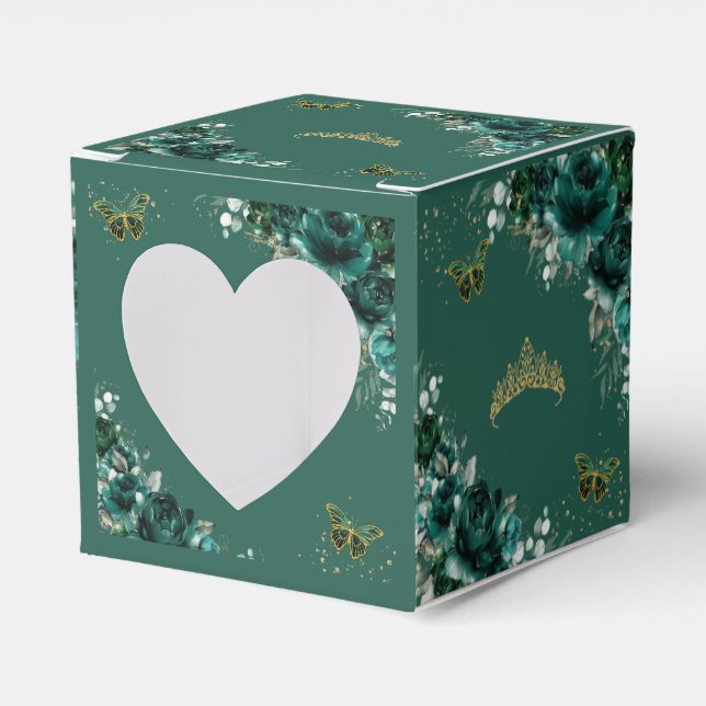 Emerald Green Floral Butterflies Quinceanera Mini  Favour Box (Front Side)