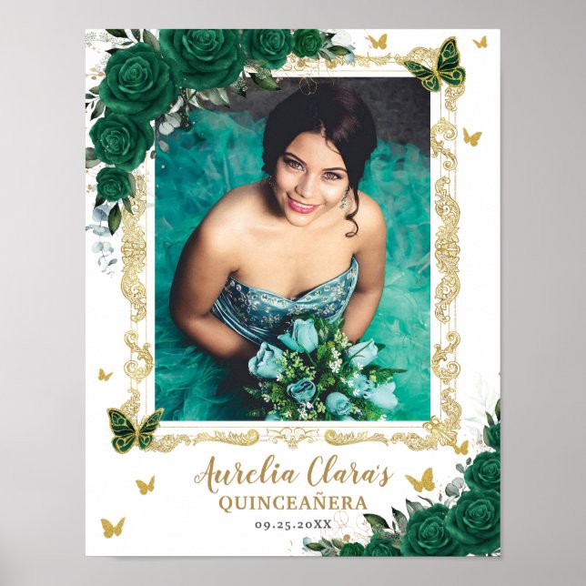 Emerald Green Floral Butterflies Quinceanera Photo Poster (Front)