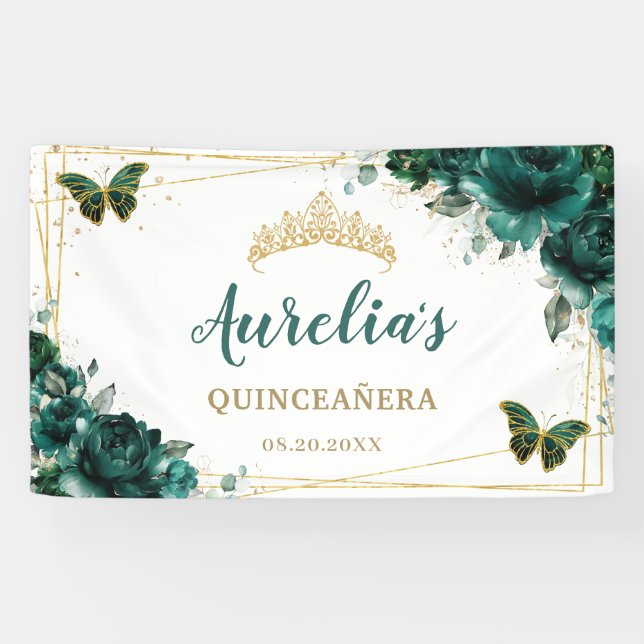 Emerald Green Floral Butterflies Welcome Backdrop Banner (Horizontal)