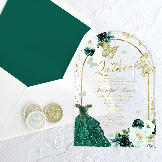 Emerald Green Floral Butterfly Quinceañera  Acrylic Invitations (Creator Uploaded)