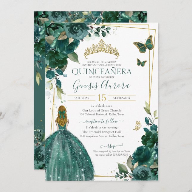 Emerald Green Floral Butterfly with Dress Invitation (Front/Back)
