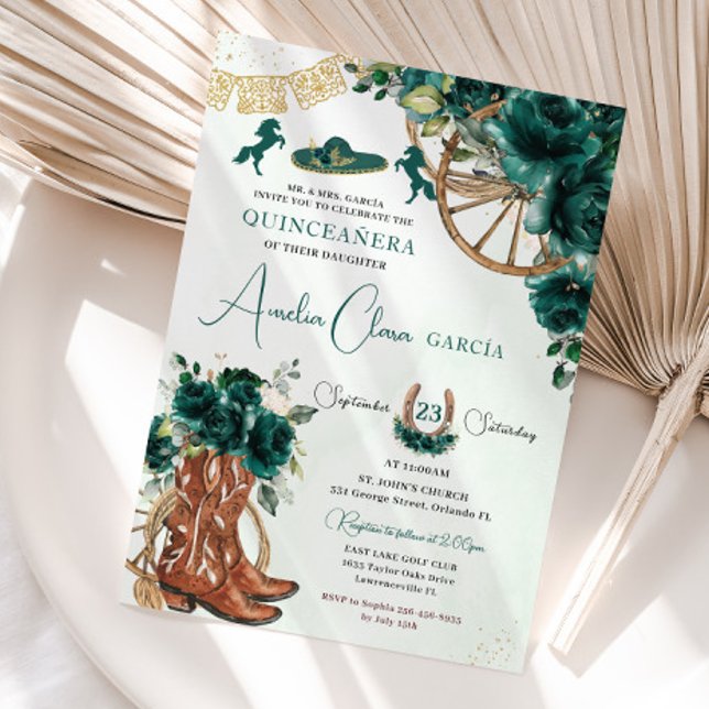 Emerald Green Floral Charro Cowgirl Quinceanera  Invitation (Creator Uploaded)