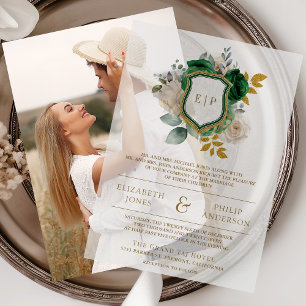 Emerald Green Floral Crest Monogram Wedding Vellum Invitations