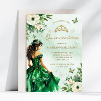 Emerald Green Floral Dress Butterfly Quinceañera Invitation