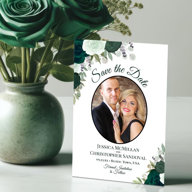 Emerald Green Floral Elegant Boho Wedding Photo Save The Date (Creator Uploaded)