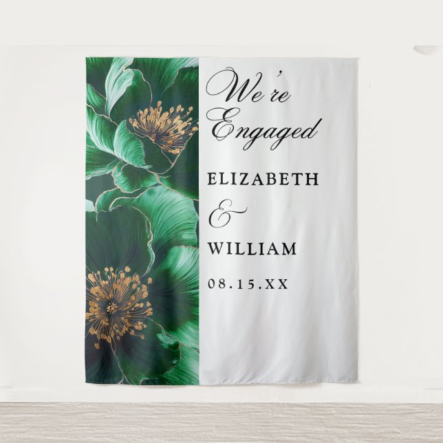 Emerald Green Floral Engagement Party Backdrop  Tapestry (Front)